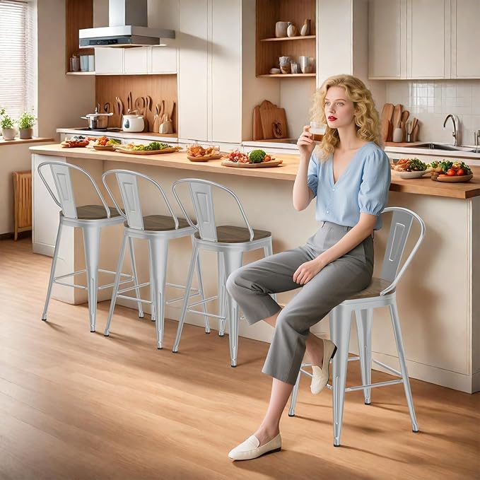30” Swivel Bar Stools Set of 4, Counter Height Bar Stools Wooden Seat, Metal Industrial Bar Chairs with High Back for Kitchen Island (Silver)