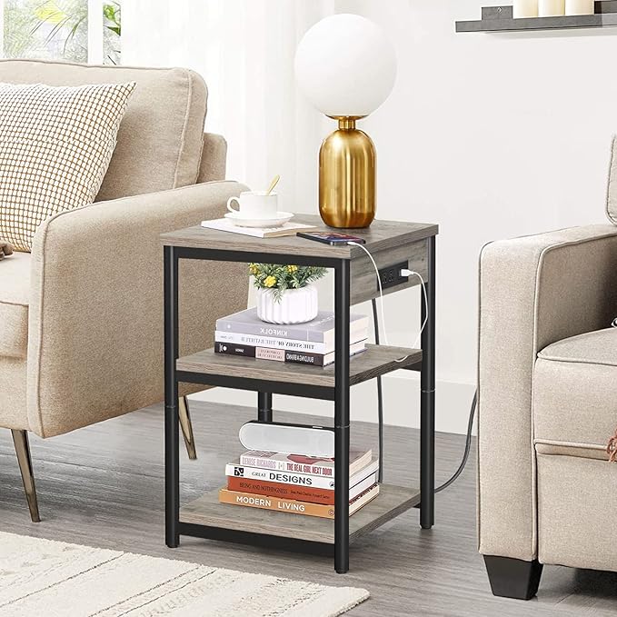 TUTOTAK End Table with Charging Station, Nightstand, 3-Tier Couch Side Table with USB Ports and Outlets, Bedside Table for Small Space, Living Room TB01BG026