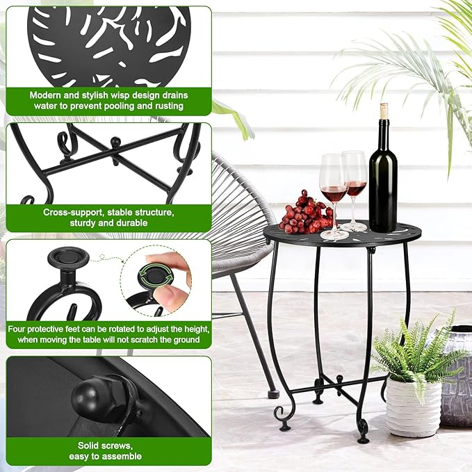 2 Pack Outdoor Side Tables for Patio, Weather Resistant Steel Patio Side Table, Small Round Outdoor End Table Metal Side Table for Patio Yard Balcony Garden Black (Turtle Leafl)