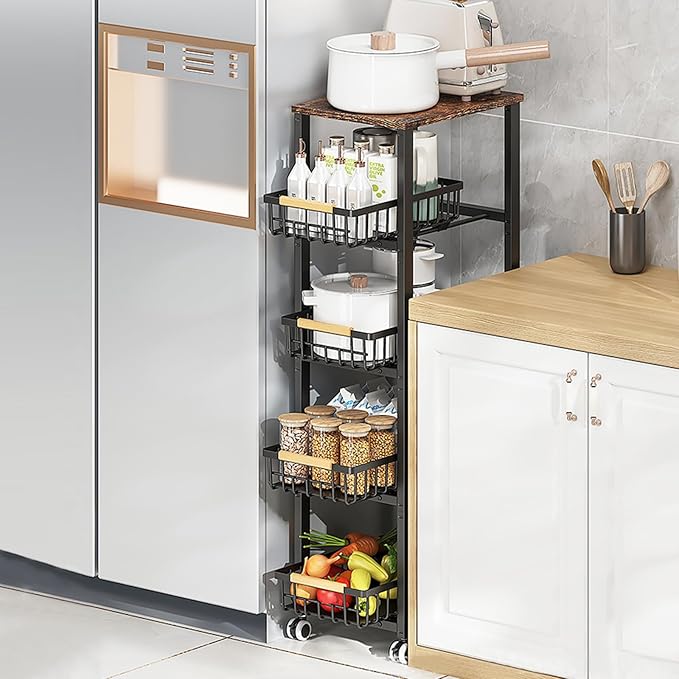 Kitchen Storage Cart Slim Rolling Cart On Wheels,5-Tier Skinny Kitchen Island Utility Organizer Storage Cart with Pull-Out Baskets and Wood Top,Mesh Fruit Basket Cart with Handle