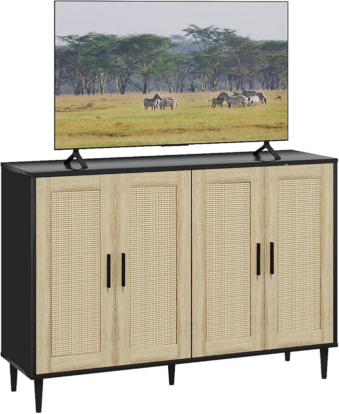 Black Buffet Sideboard,Kitchen Storage Cabinet with 4 Rattan Decorated Doors,Coffee Bar Cabinet with Adjustable Shelves for Living Room,Hallway