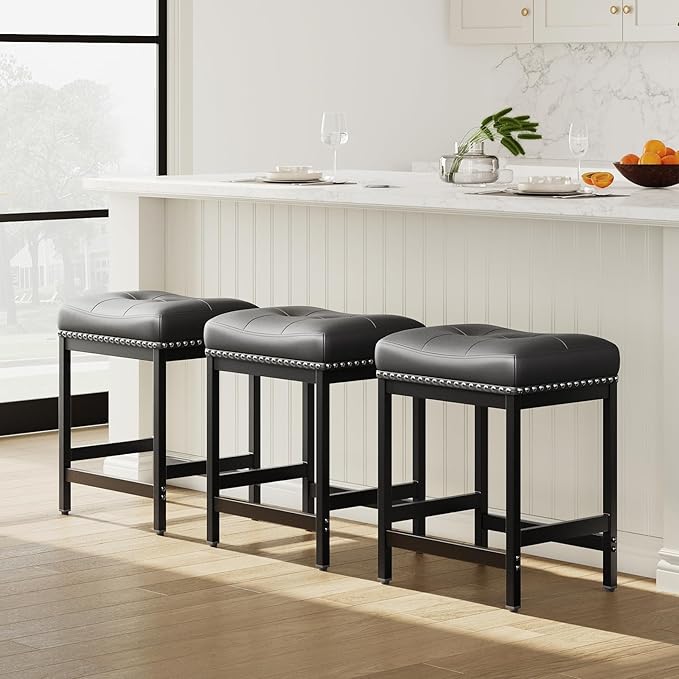 MALOL Set of 4 Saddle Bar Stools Counter Height 24.4”, Backless Barstools for Kitchen Island, Modern PU Leather Cushioned Seat, Bar Chairs for Kitchen Counter, Breakfast Bar Stools for Home,Black