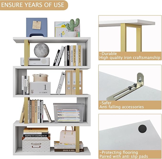 SORCEDAS Bookshelf Geometric Bookcase S Shaped Industrial Bookshelf Storage Display Stand Shelf for Living Room Bedroom and Office Room (White, 4 Tier)
