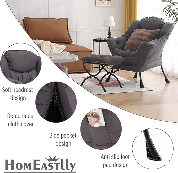 Large Lazy Chair with Ottoman, Accent Reading Chair with a Throw Pillow, Cozy Lounge Chair with Armrest, Leisure Sofa Chair for Living Room, Bedroom, Dorm, Shadow Grey