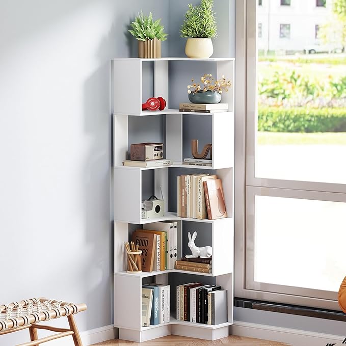 Corner Bookshelf, 68.9" Tall Wooden Corner Bookcase 5 Tiers L-Shaped Storage Freestanding Display Rack Large Open Bookshelf with Fixture for Living Room Bedroom Study Office (White)