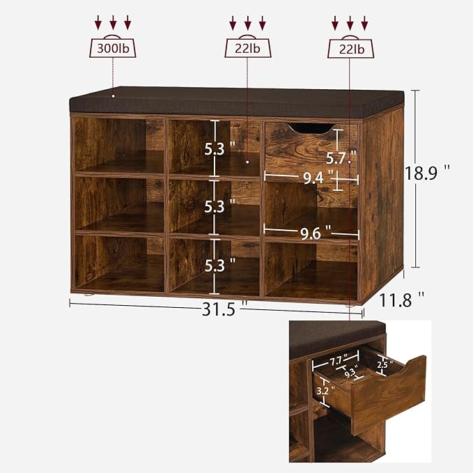 DINZI LVJ Shoe Bench, Entryway Storage Bench with Drawer and 8 Cubbies, Cubby Shoe Rack with Adjustable Shelves, Shoe Organizer Cabinet for Living Room, Bedroom, Mudroom and Garage, Rustic Brown