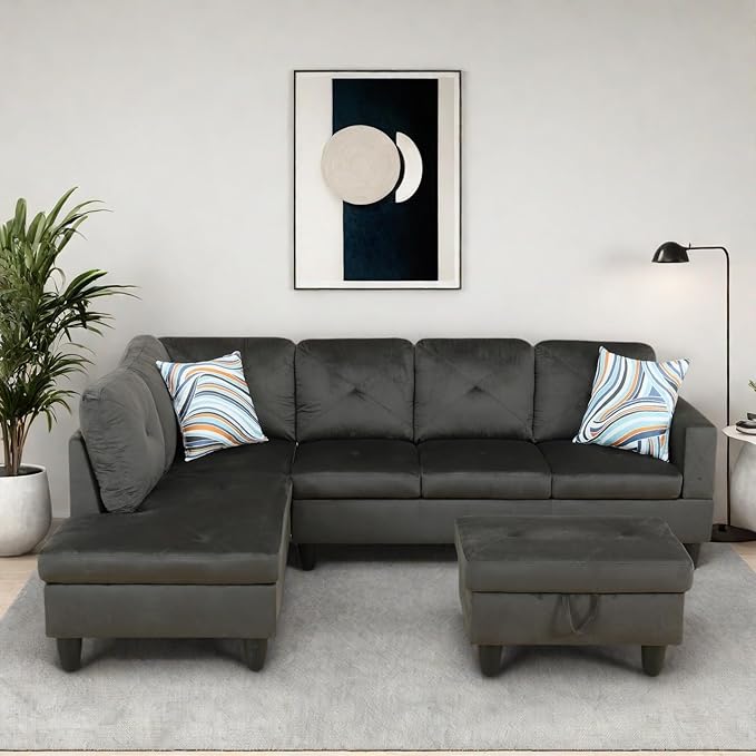 L-Shaped Sectional Sofa with Ottoman, Right-Facing Modern Microfiber Couch for Living Room, Bedroom, Office, Espresso