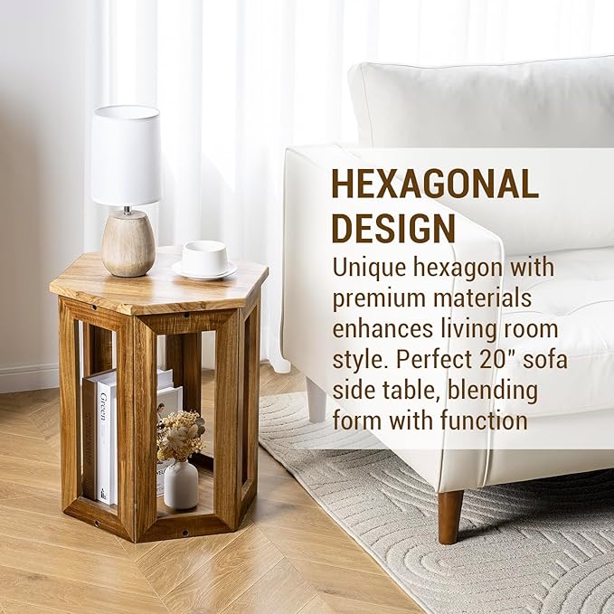 MyGift Premium Acacia Solid Wood Hexagon Designer End Table, 20 Inch Tall Wooden Living Room Sofa Side Table, Hexagonal Tabletop Plant Stand Home Furniture