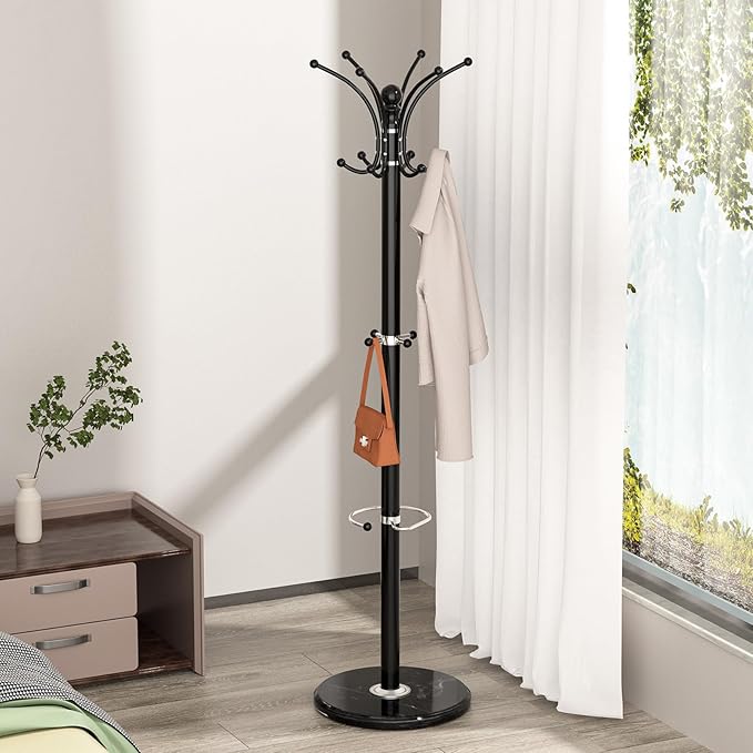 Coat Rack Freestanding with Marble Base, Heavy Duty Clothes Tree with Hooks and Umbrella Storage, Metal Hall Holder for Hanging Jacket, Hats, Scarf, Bag, Suitable for Entryway,Bedroom