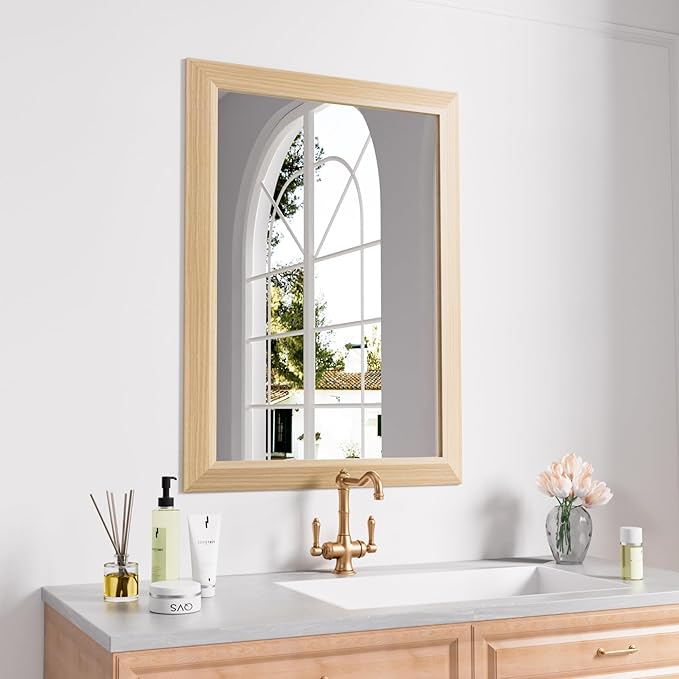 Amorho 22 X30 Inch Bathroom Mirror for Wall, Oak Wood Grain Metal Framed Mirror, Anti-Rust, Hang Horizontally/Vertically, Suitable for Bedroom, Farmhouse, Bathroom, Decorative