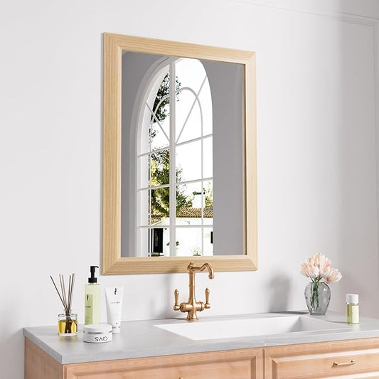 Amorho 22 X30 Inch Bathroom Mirror for Wall, Oak Wood Grain Metal Framed Mirror, Anti-Rust, Hang Horizontally/Vertically, Suitable for Bedroom, Farmhouse, Bathroom, Decorative