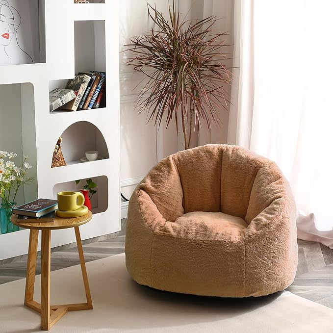 N&V Medium Shell Bean Bag Chair, Adult Size Bean Bag Sack, Foam Filling, Includes Removable and Machine Washable Cover, 37in, Soft Faux Fur (Brown, Medium)