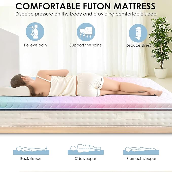 Japanese Floor Futon Mattress, 3.5" Thicken Colorful Rainbow Portable Floor Mattress, High-Density Foam Tatami Mat Sleeping Pad for Camping Guest Room Dormitory RV, Twin