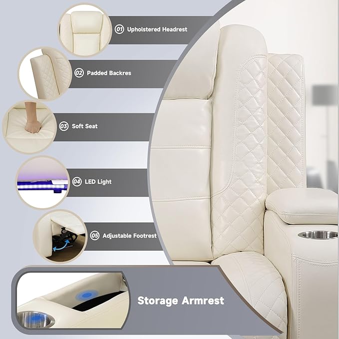 PU Leather Power Wall Hugger Chair Double Reclining Sectional Sofa 2-Seater Loveseat Couch with Center Storage Console & Armrests, USB Port, 4 Cup Holders and LED for Living Room RV Theater Seating