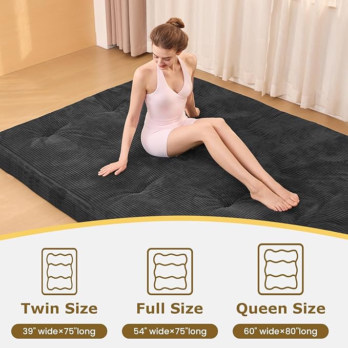 Japanese Floor Mattress, 4" Thicken Futon Mattress Queen Size Sleeping Pad, Corduroy Foldable Mattress Pad Roll Up Tatami Mat Floor Mattress for Adults（Grey）
