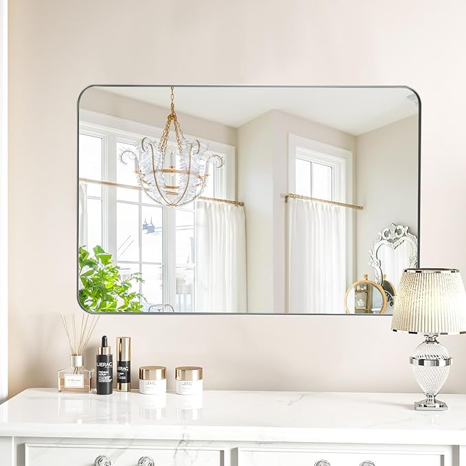 24x36 Inch Silver Bathroom Mirror for Wall, Metal Framed Rectangle Mirror with Rounded Corner, Bathroom Vanity Mirror in Aluminum Alloy, Hangs Horizontally or Vertically