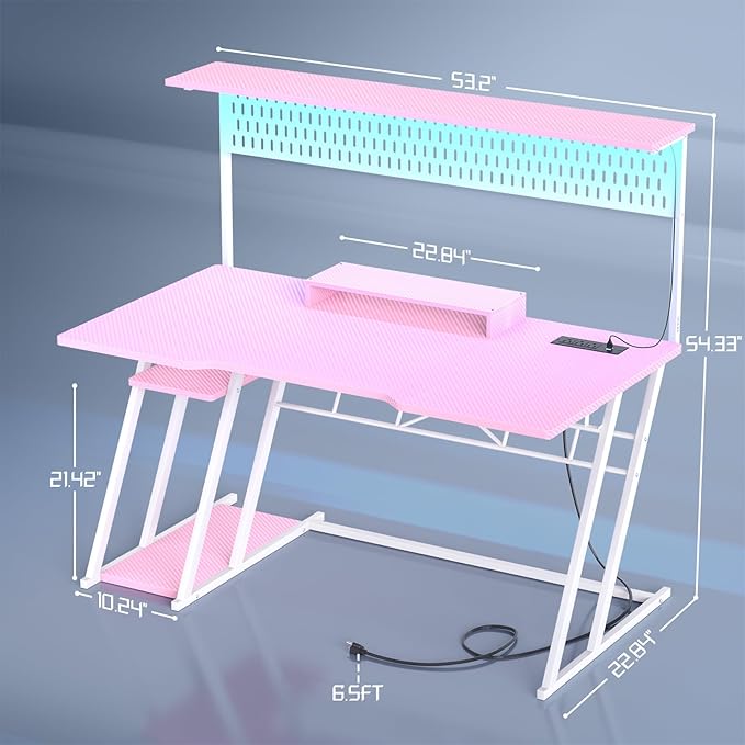 Armocity Pink Gaming Desk with Hutch and LED Lights, 53" Computer Desk with Storage Shelves, Reversible PC Gaming Desk with Pegboard, Gamer Desks for Bedroom, Carbon Fiber Surface