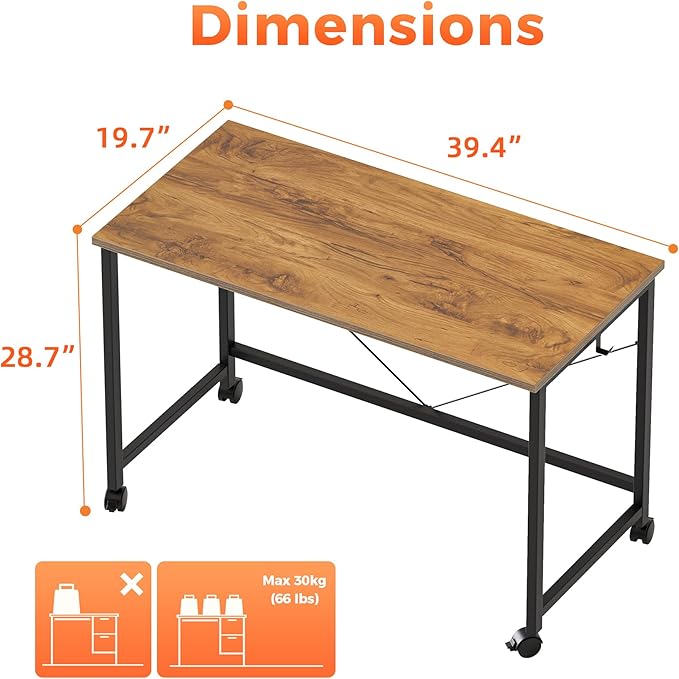 Rolling Computer Desk with Wheels, Gaming Desk for Small Spaces, Modern Simple Style Table for Home Office, Study Writing Table (Caster, Light Antique, 40 inch)
