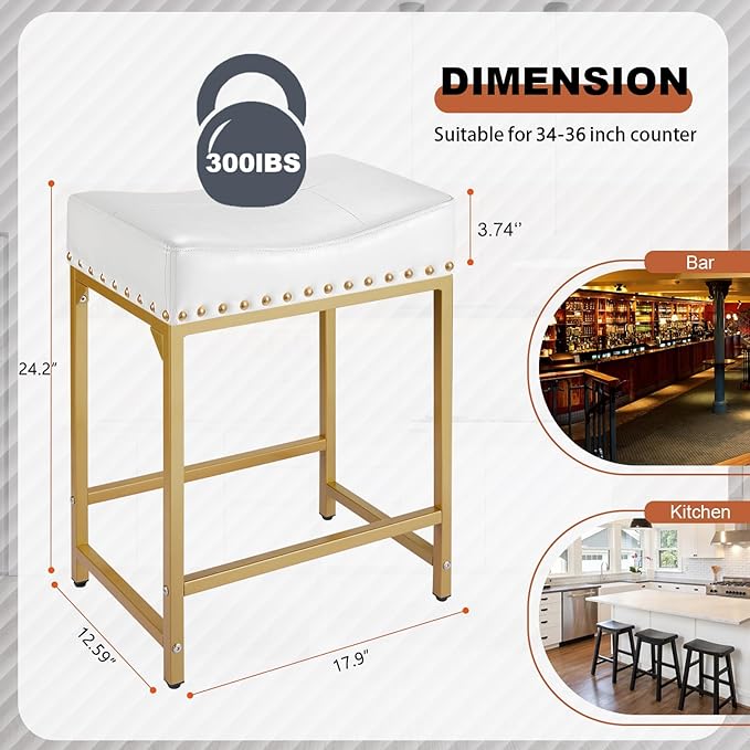 Bar Stools Set of 4 Counter Height, 24" Modern Off White & Gold Counter Stools Set of 4, Stools for Kitchen Counter, Modern Barstools Saddle Stool Backless Island(Off White+Gold)