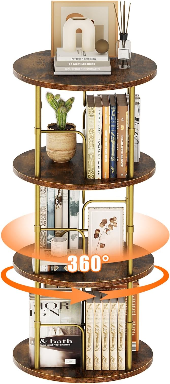 Rotating Bookshelf, 3 Tier Round Revolving Bookcase with Special Visible Partition Storage, 360° Display Spinning Bookshelf Tower Storage Organizer Rack for Bedroom, Living Room, Small Space, Gold