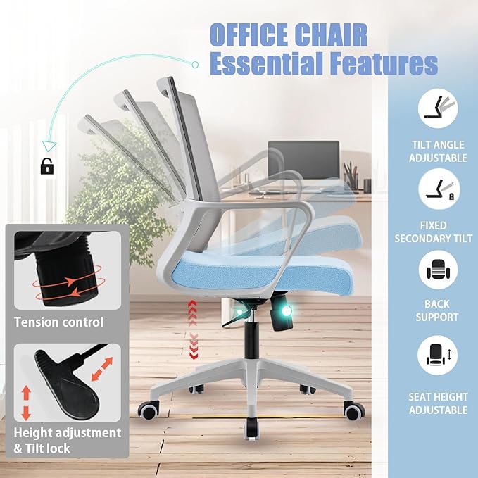 Office Chair ergonomically Designed with Breathable mesh backrest and Lumbar Support Adjustable Height Suitable for Offices Homes bedrooms Study Rooms Blue