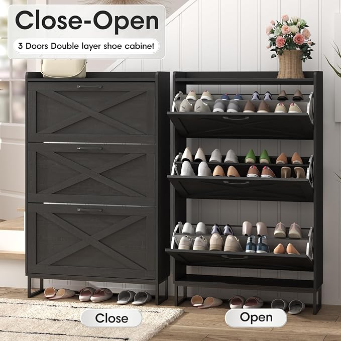 Maupvit Shoe Storage Cabinet with 3 Flip Drawers, Freestanding Organizer with Metal Legs for Entryway, Narrow Shoe Rack Cabinet, Black
