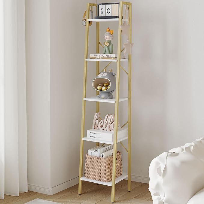 Ladder Shelf, Bookshelf Bookcase, Freestanding Corner Storage Shelve with 2 Hooks for Home Office, Living Room, Kitchen, Bedroom, Industrial, 5-Tier White Gold BC03213G