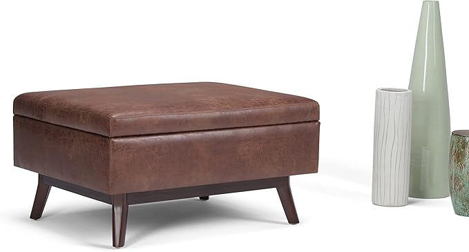 SIMPLIHOME Owen 34 inch Wide Mid Century Modern Rectangle Coffee Table Storage Ottoman in Distressed Saddle Brown Vegan Faux Leather, Assembled, For the Living Room, Entryway and Family Room