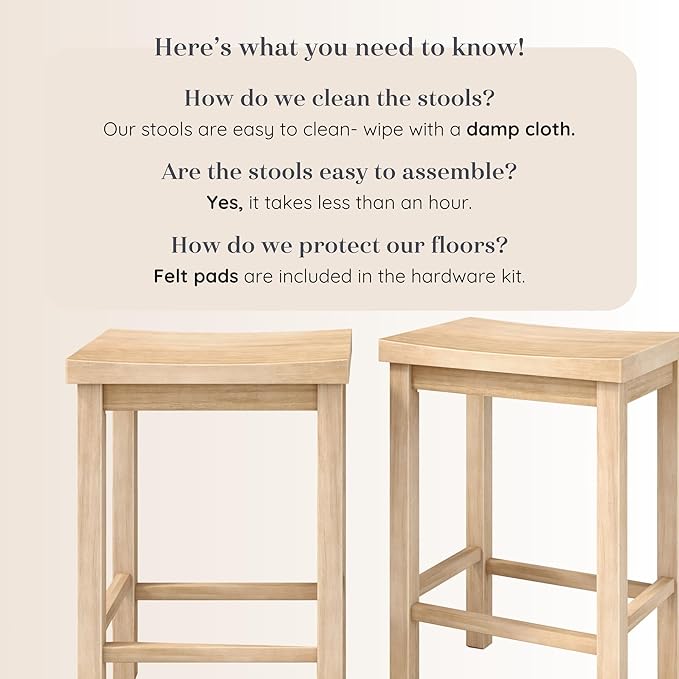 Grain & Grove Smith Collection Set of 2 Solid Wood Counter Height Bar Stools, 24-Inch Saddle Seat Backless Stools, Ideal for Kitchen Island, Dining, or Home Bar Seating, Blonde