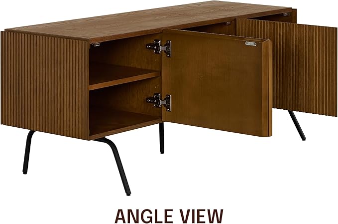 NTC Veil TV Stand with 3 Doors for TVs up to 60’’, Media Console with Vertical Groove Design and Metal Legs, Modern Entertainment Center for Living Room and Bedroom, Effortless Assembly, Rustic Oak