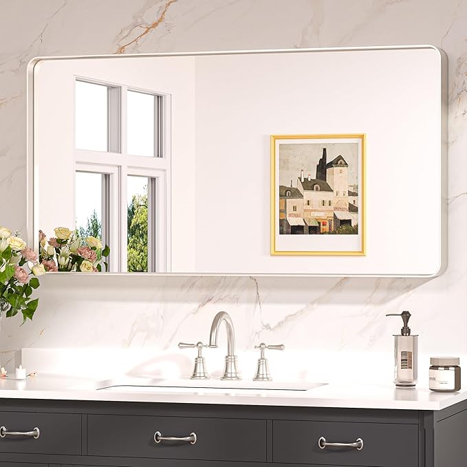 Keonjinn 42 x 20 Inch Brushed Nickel Bathroom Mirrors for Over Sink, Rounded Rectangle Silver Bathroom Vanity Mirror, Metal Framed Farmhouse Mirror for Wall, HD Tempered Glass(Horizontal/Vertical)