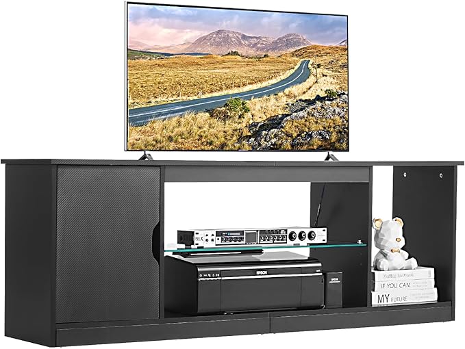 VEVOR TV Stand for TVs up to 65 inch, Modern Entertainment Center with Light Strip, Wooden TV Cabinet Storage with Glass Shelf and Adjustable Shelves, Console Table for Living Room and Bedroom, Black