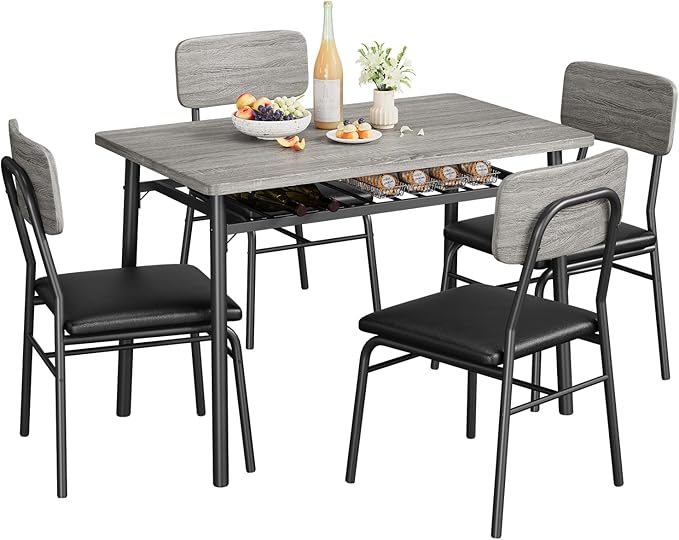 5-Piece Dining Table Set for 4, Wood Kitchen with Built-in Storage Rack, Small Kitchen Table with Upholstered Chairs and Metal Frame for Small Spaces, Gray