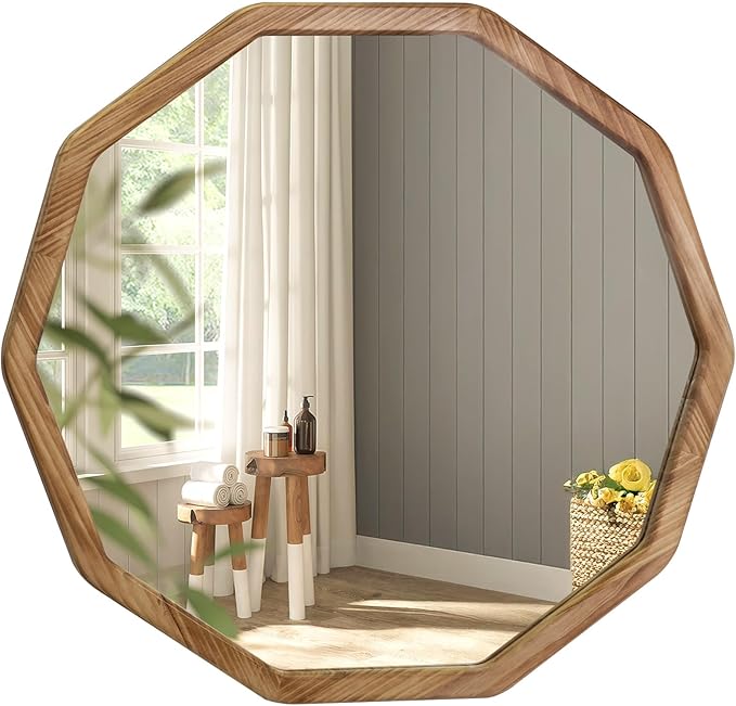 ULIKE Wood Mirror for Wall, 24 Inch Rustic Farmhouse Mirror with Wood Frame, Decorative Wall Mounted Vanity Mirrors for Bathroom Bedroom Living Room Entryway, Brown