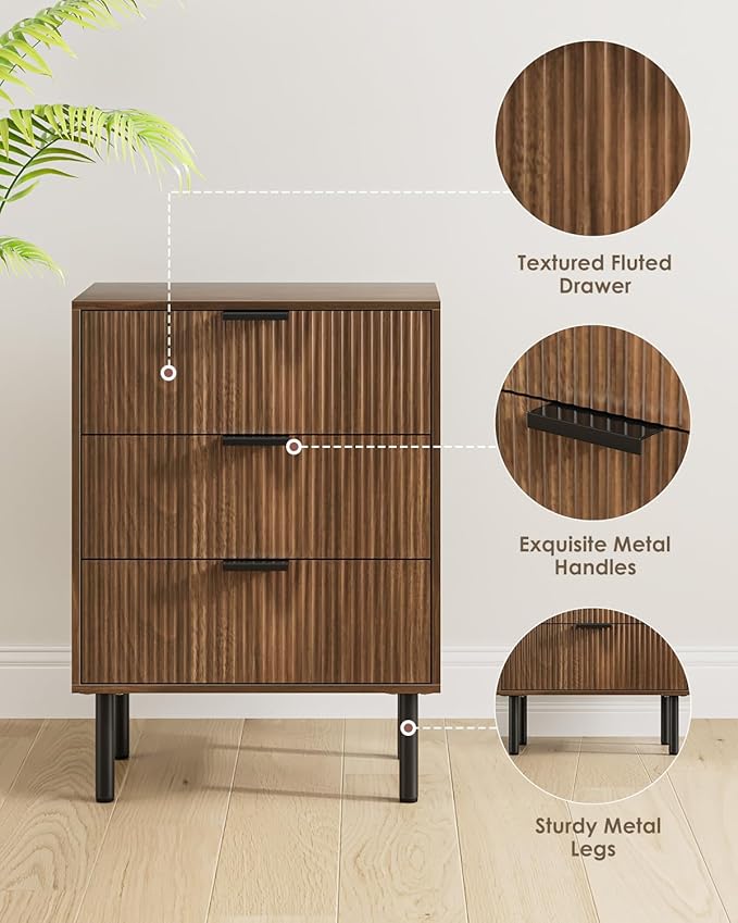 Night Stand,Tall Bedside Table with 3Storage Drawers,Walnut Nightstand,Bedside Furniture,Side Table with Gold Frame,End Table for Bedroom,Living Room