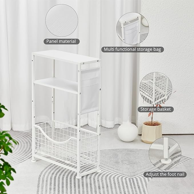 Narrow Side Table, Skinny Small End Tables with Magazine Holder, 3 Tier Small Sofa Side Table for Smalls Spaces, Sofa Couch Tables Bedside Table for Living Room Bedroom Office