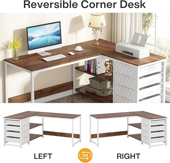 Tribesigns L Shaped Computer Desk with Storage Drawers, 59 inch Corner Desk with Shelves, Reversible L-Shaped Office Desk Study Writing Table Workstation for Home Office, Walnut & White