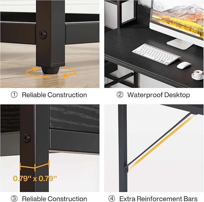 Tribesigns 55 Inch Computer Desk with 2 Drawers and Storage Shelves, Rustic Office Desk with Hutch, Study Writing Gaming Table Laptop Workstation for Home Office (Black)