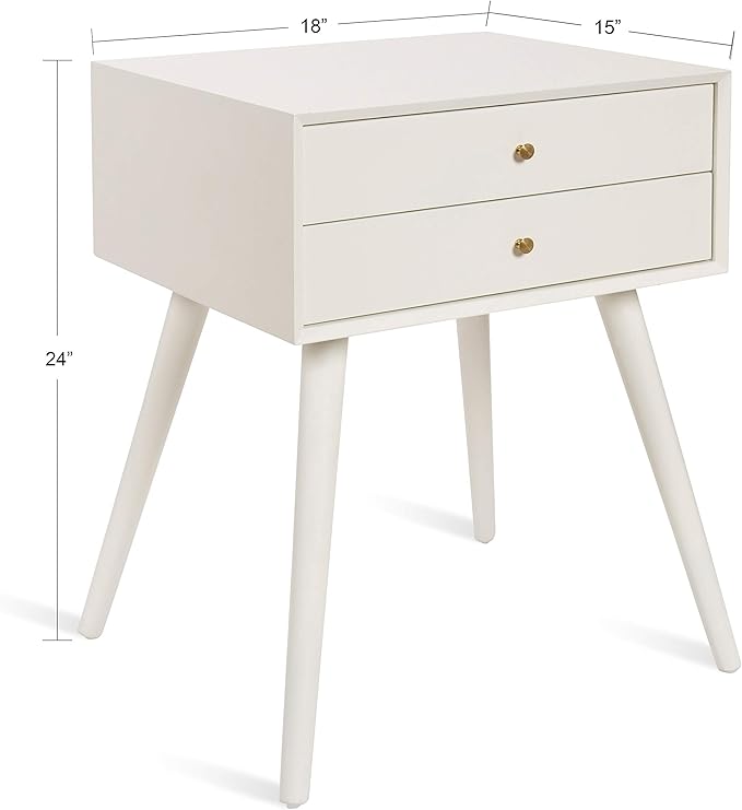 Kate and Laurel Finco Midcentury Modern Style Side Table with 2 Drawers, White Finish with Brass Hardware