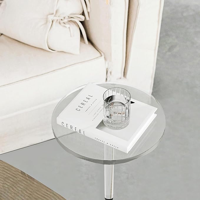 Acrylic Drink Table for Small Spaces, Clear Side Table, 10" L x 10" W x 21.3" H, Round End Table for Living Room, Bedroom, Office, Easy Assembly