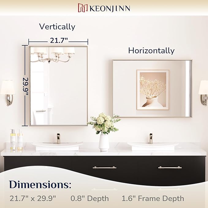 Keonjinn Brushed Nickel Bathroom Mirror for Wall 22 x 30 in, Rectangular Metal Framed Silver Mirror for Vanity Square Corner Aluminum Alloy Rectangle Modern Mirror for Over Sink(Horizontal/Vertical)