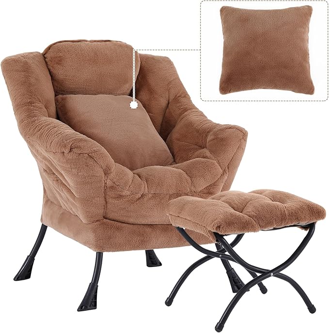 Lazy Chair with Ottoman, Comfy Reading Lounge Chair with Footstool & Throw Pillow Modern with Armrests & Side Pocket for Living Room, Bedroom, Dorm Room, Plush Brown