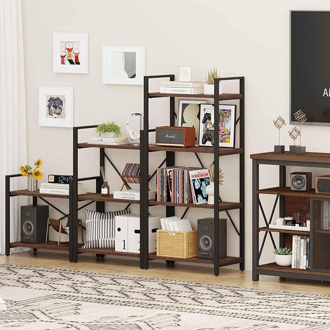 BON AUGURE 3 Tier Industrial Bookshelf, Office Small Open Book Shelf for Small Space, Short Narrow Wooden Etagere Bookcase for Living Room, Bedroom and Kitchen (Rustic Oak)