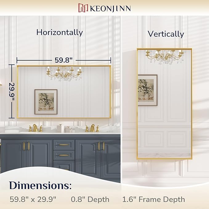 Keonjinn Brushed Gold Bathroom Mirror 60” x 30” Metal Framed Rectangular Wall Mirror Large Farmhouse Bathroom Mirrors Rectangle Gold Wall-Mounted Vanity Mirrors(Horizontal/Vertical)