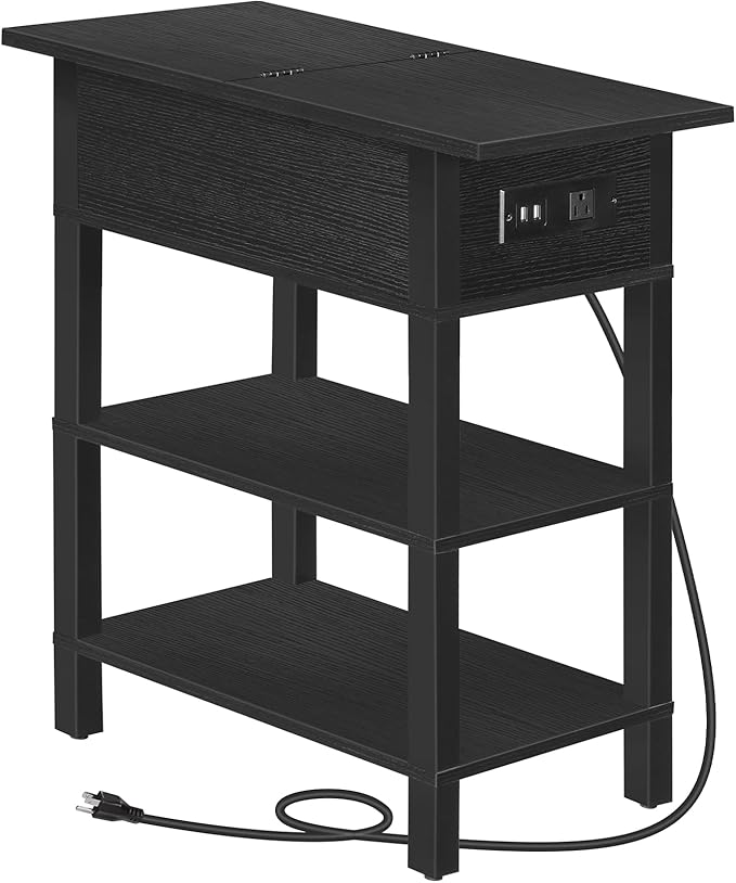 HOOBRO End Table with Charging Station, Flip Top Side Table with USB Ports, Narrow Nightstand Bedside Tables with Storage Shelves, for Small Space, Living Room, Black BK141UBZ01