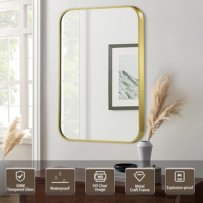 Matte Gold Mirror, 26x38 Inch Brushed Gold Mirror, Aluminum Alloy Framed Vanity Mirror, Rounded Rectangle Bathroom Mirror for Over Sink, Anti-Rust Wall Mirror (Horizontally or Vertically)