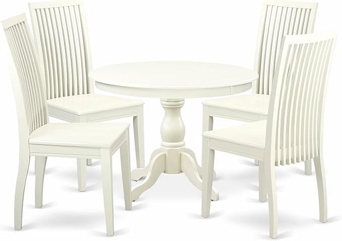 East West Furniture HBIP5-LWH-W 5 Piece Dining Room Table Set Includes a Round Dining Table with Pedestal and 4 Wood Seat Chairs, 42x42 Inch, Linen White