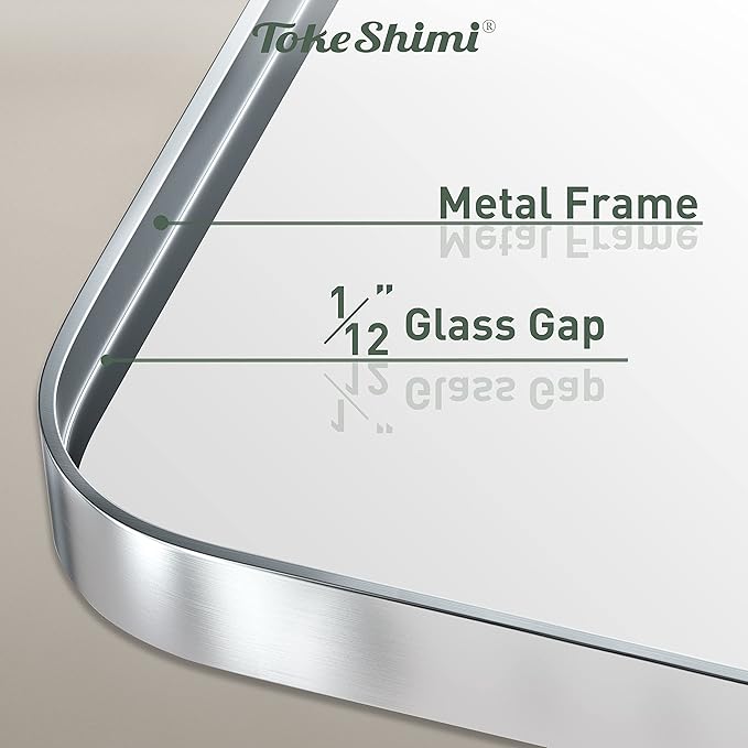 TokeShimi 24 x 36 Inch Brushed Silver Bathroom Mirror for Wall Brushed Brass Metal Rounded Corner Rectangle Mirror Metal Frame Deep Set Design Hangs Horizontal Or Vertical