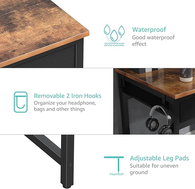 Lufeiya Computer Desk with Fabric File Drawers Cabinet, 57 Inch Home Office Desks with Filing Cabinet Printer Stand for Small Space, Study Writing Table PC Gaming Desks for Bedroom, Brown Black