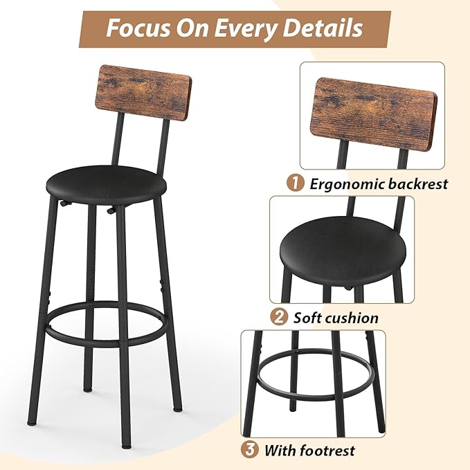 Dining Table Set for 2, 3-Piece Bar Table and Chairs Set, Kitchen Table and Chairs, High Top Table with 2 PU Upholstered Stools, Space-Saving Pub Table Sets for Small Space, Brown